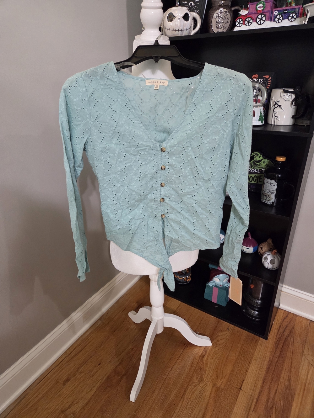 Copper Key Light Blue Eyelet Button-Front Long Sleeve Top with Tie